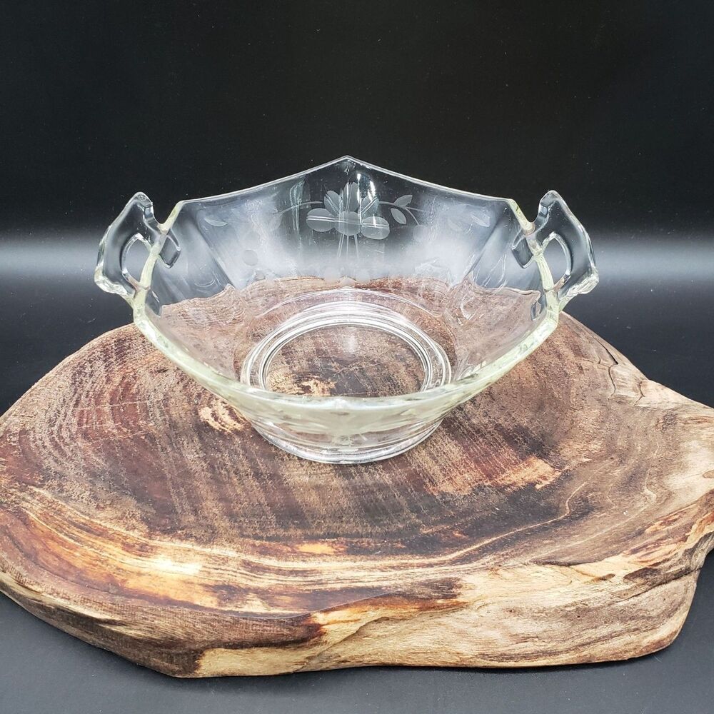 Vintage Etched Glass Double Handle Footed Bowl Floral Serving Dish